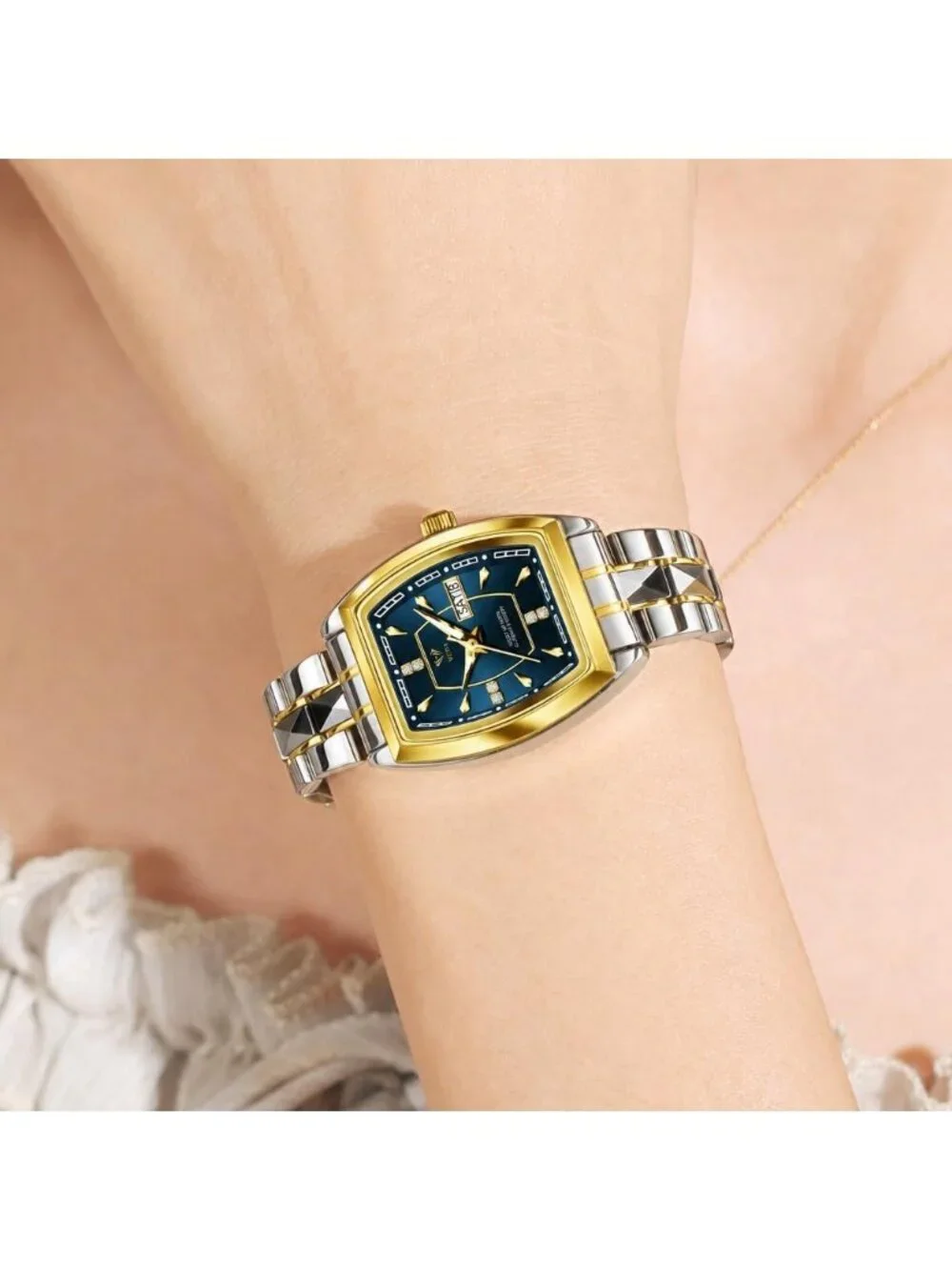 Women's Blue Two Tone Stainless Steel Waterproof Casual Dress Date Wrist Watch